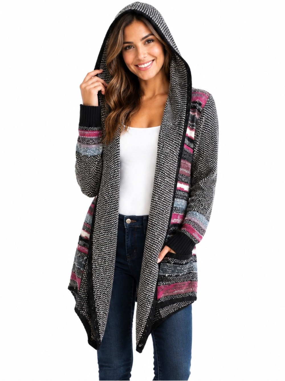 NIC+ZOE Hooded Cardigan Sweater XL Black White Marled Striped Boho retro layer